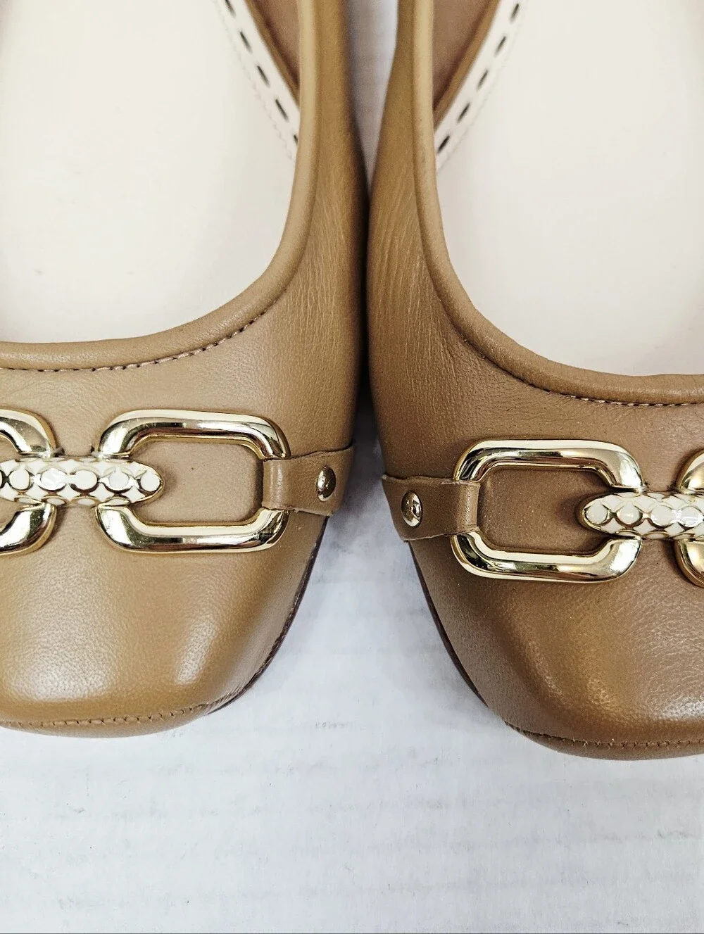 Coach Tan Leather Ballet Flats with Gold-Tone Hardware